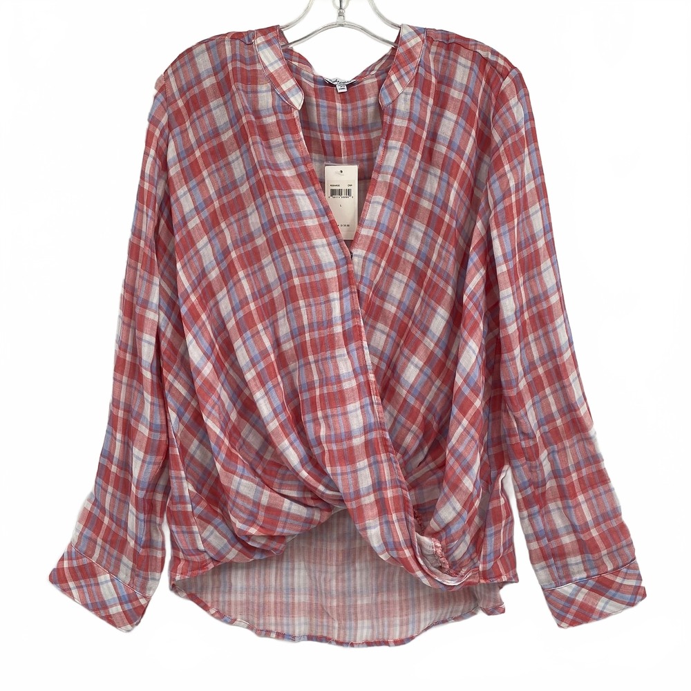 Splendid Pink Blue Plaid Twist Front Blouse | Women’s L Cotton